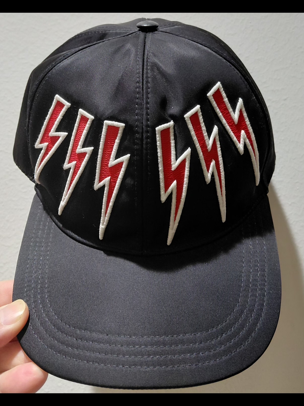 Neil Barrett Black Baseball Cap with Red & White Lightning Bolts O/S